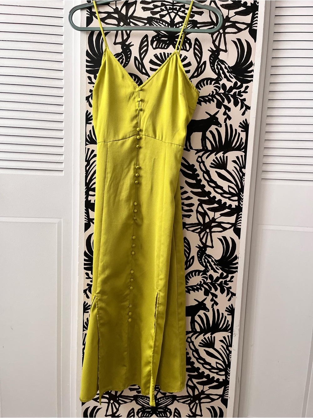 J.O.A. Lime Green Satin Midi Slip Dress with Covered Buttons